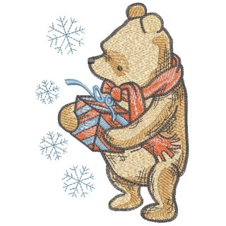 Vintage Christmas Pooh with gift embroidery design - Embroidery Design