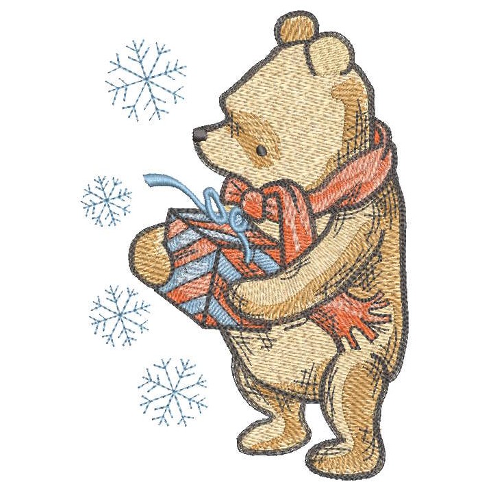 Vintage Christmas Pooh with gift embroidery design - Embroidery Design