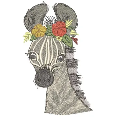 Zebra with spring flower wreath embroidery design preview. Filename hint: zebra with spring flower wreath embroidery design.