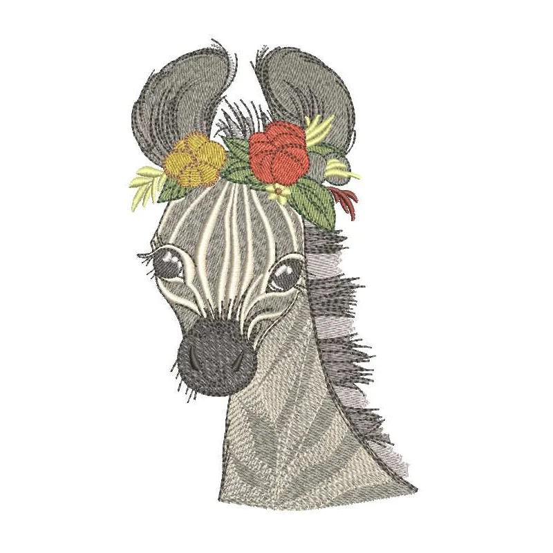 Zebra with spring flower wreath embroidery design preview. Filename hint: zebra with spring flower wreath embroidery design.