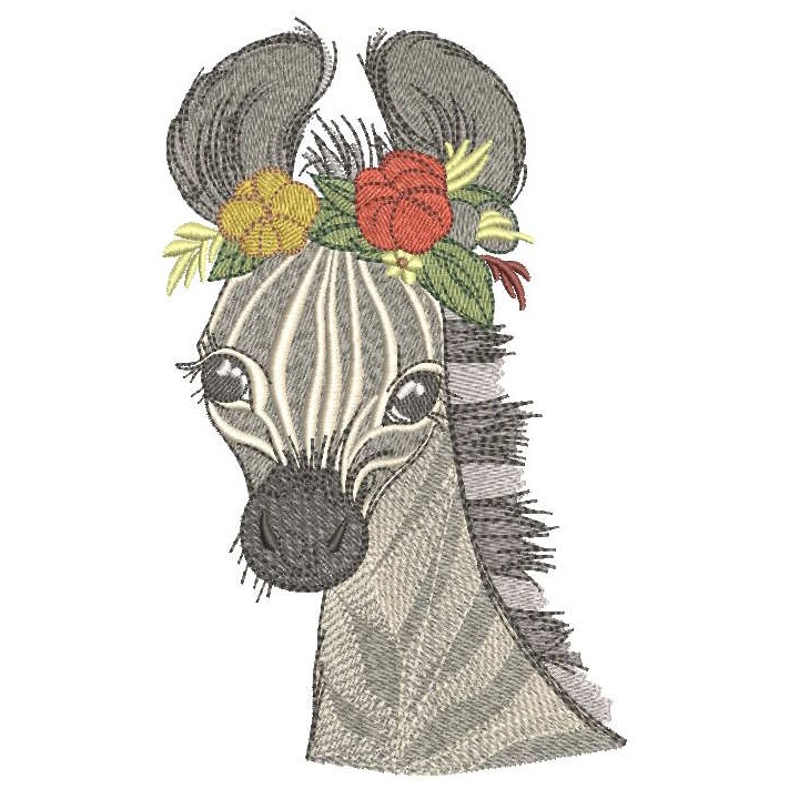 Zebra with spring flower wreath embroidery design - Embroidery Design