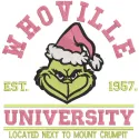 Grinch Whoville University embroidery design preview showcasing vibrant colors and detailed stitching.