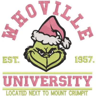 Grinch Whoville University embroidery design preview showcasing vibrant colors and detailed stitching.