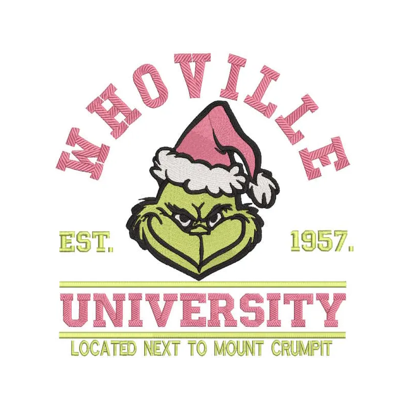 Grinch Whoville University embroidery design preview showcasing vibrant colors and detailed stitching.