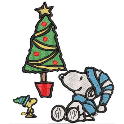 Snoopy Woodstock Christmas tree embroidery design preview showcasing detailed stitching and vibrant colors.