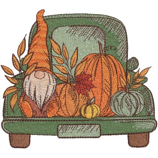 Autumn gnome with harvest in truck embroidery design - Embroidery Design