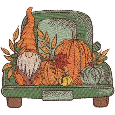 Autumn gnome with harvest in truck embroidery design preview - detailed stitch file for fall projects.