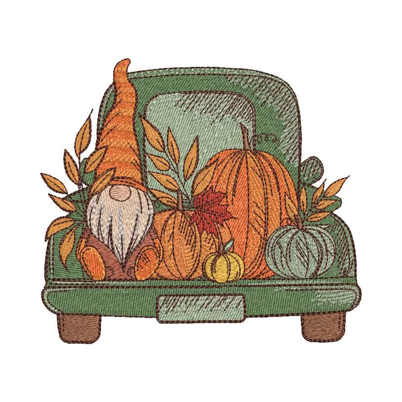 Autumn gnome with harvest in truck embroidery design preview - detailed stitch file for fall projects.