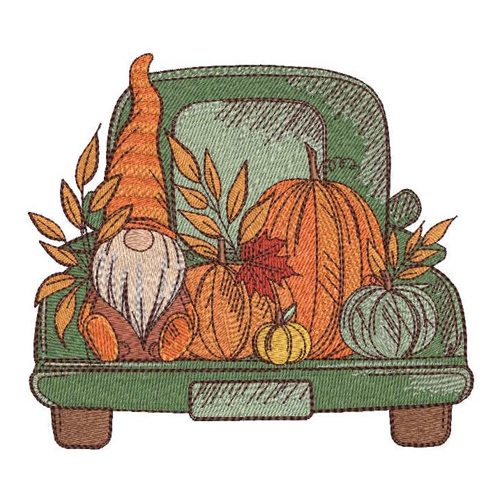 Autumn gnome with harvest in truck embroidery design - Embroidery Design