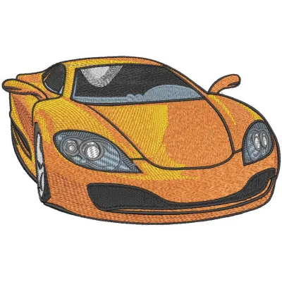 Preview of modern sport car embroidery design. Digital file for machine stitching, showcasing detailed artwork.