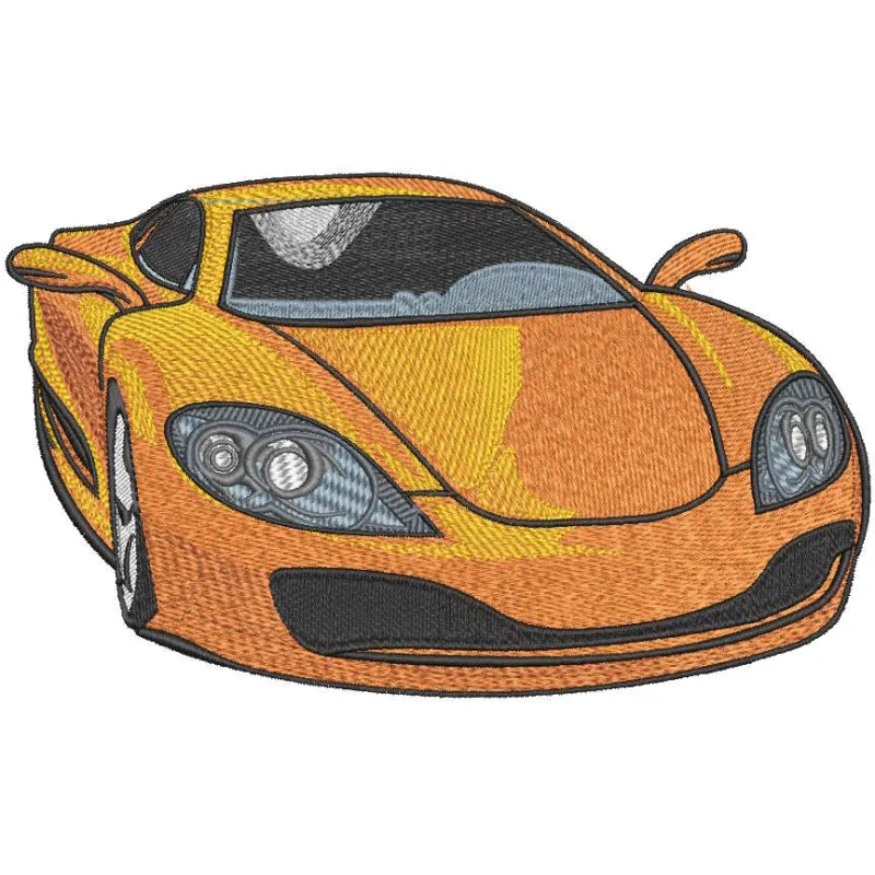 Preview of modern sport car embroidery design. Digital file for machine stitching, showcasing detailed artwork.