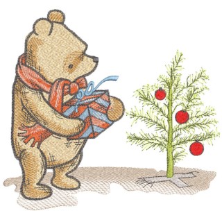 Classic pooh puts gift under Christmas tree embroidery design - Embroidery Design