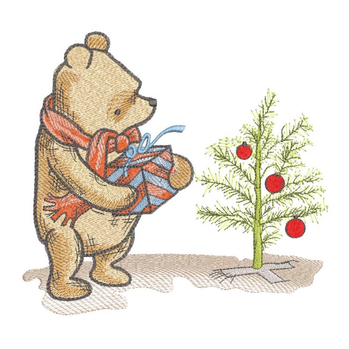 Classic pooh puts gift under Christmas tree embroidery design - Embroidery Design