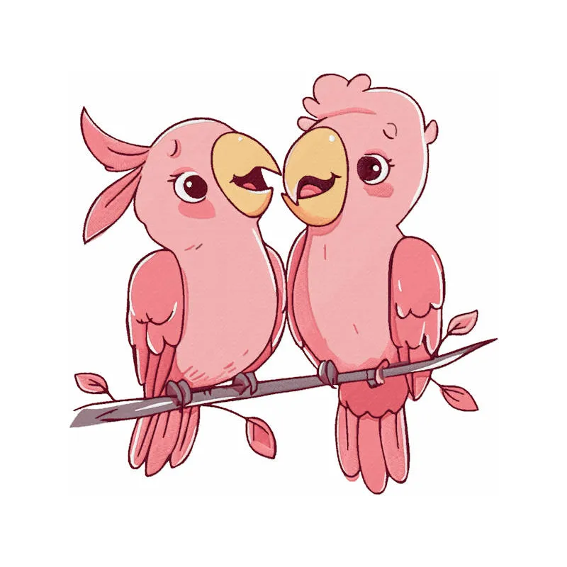 Two pink parrots embroidery design preview showcasing vibrant colors and detailed stitching.