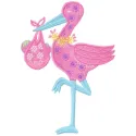 Stork with baby embroidery design preview showcasing detailed stitching and vibrant colors.