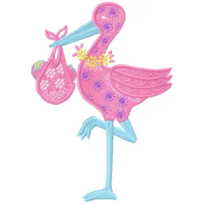 Stork with baby embroidery design preview showcasing detailed stitching and vibrant colors.
