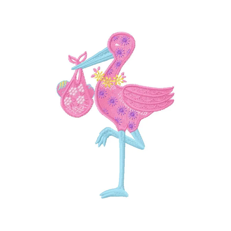 Stork with baby embroidery design preview showcasing detailed stitching and vibrant colors.