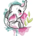 Tattered baby elephant embroidery design preview showcasing intricate stitching details and vibrant colors.