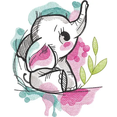 Tattered baby elephant embroidery design preview showcasing intricate stitching details and vibrant colors.