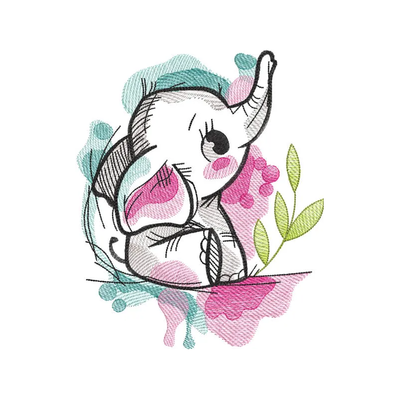 Tattered baby elephant embroidery design preview showcasing intricate stitching details and vibrant colors.