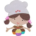 Funny cooking girl with cakes embroidery design preview. Ideal for kitchen-themed projects and crafts.