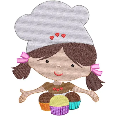 Funny cooking girl with cakes embroidery design preview. Ideal for kitchen-themed projects and crafts.