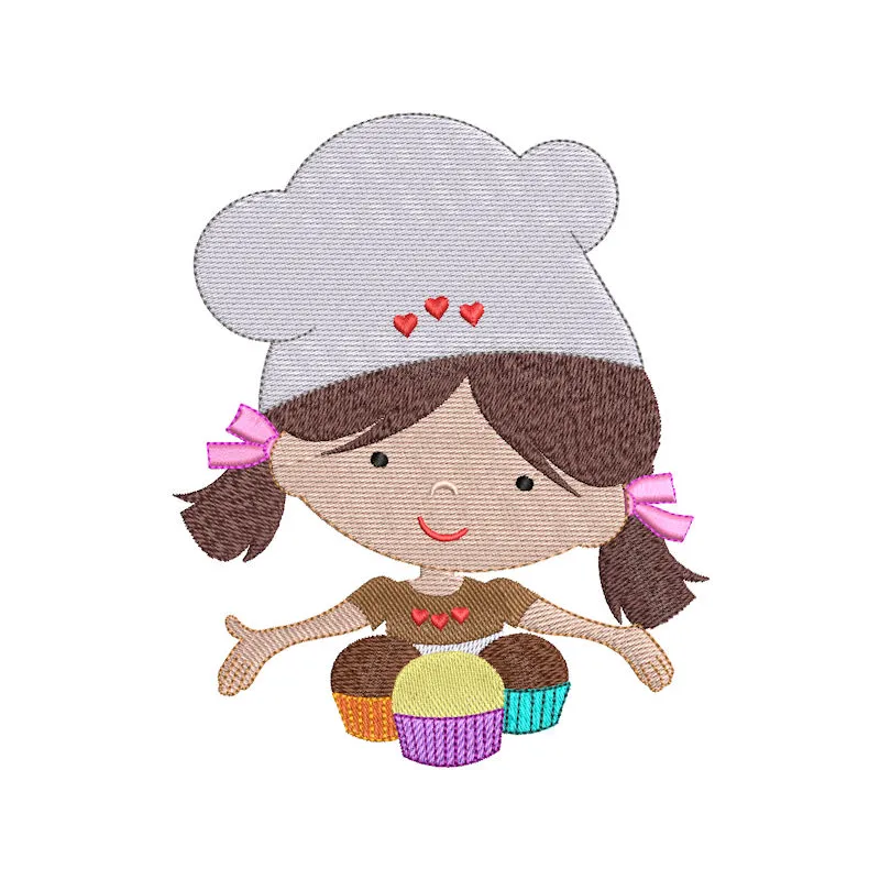 Funny cooking girl with cakes embroidery design preview. Ideal for kitchen-themed projects and crafts.