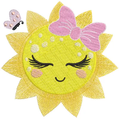 Sun and butterfly embroidery design preview showcasing vibrant colors and detailed stitching.
