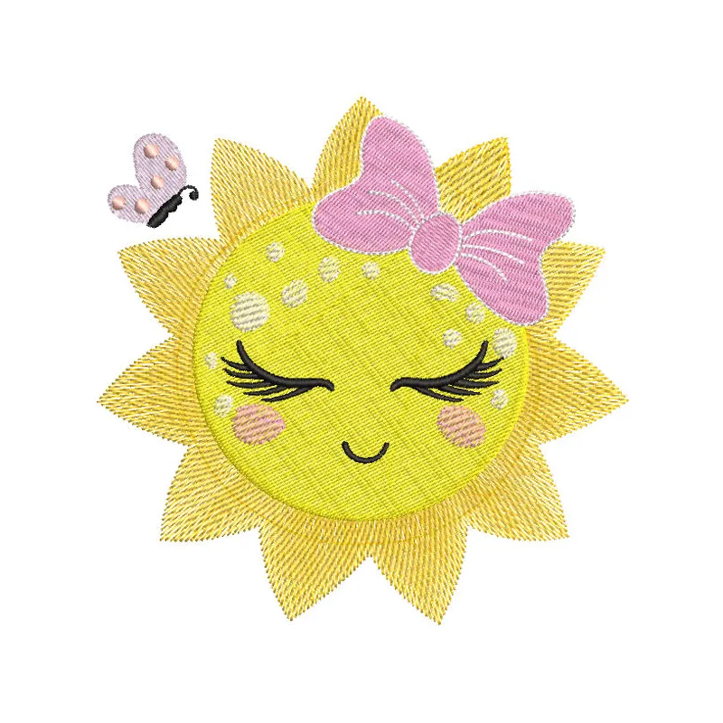 Sun and butterfly embroidery design preview showcasing vibrant colors and detailed stitching.