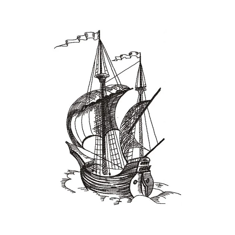 Caravel sketch embroidery design preview showcasing intricate details of this sea and ocean themed pattern.