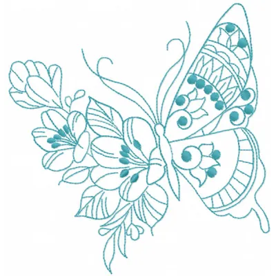 One colored blue butterfly embroidery design preview showcasing intricate details and vibrant colors.