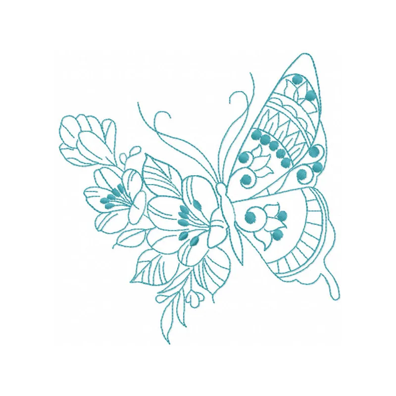 One colored blue butterfly embroidery design preview showcasing intricate details and vibrant colors.