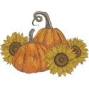 Pumpkins and three sunflowers embroidery design preview, showcasing vibrant colors and detailed stitching.