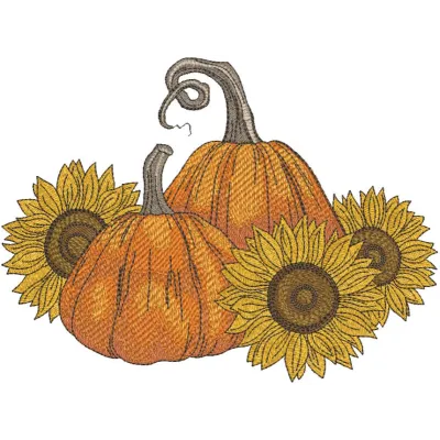 Pumpkins and three sunflowers embroidery design preview, showcasing vibrant colors and detailed stitching.