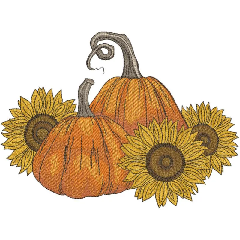 Pumpkins and three sunflowers embroidery design preview, showcasing vibrant colors and detailed stitching.