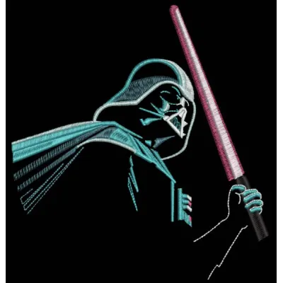 Darth Vader with a light sword embroidery design preview showcasing intricate stitching details.