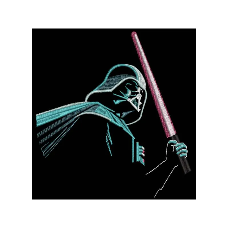 Darth Vader with a light sword embroidery design preview showcasing intricate stitching details.