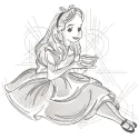 Alice with tea cup art sketch embroidery design preview for machine embroidery projects.