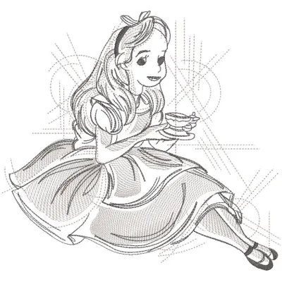 Alice with tea cup art sketch embroidery design preview for machine embroidery projects.