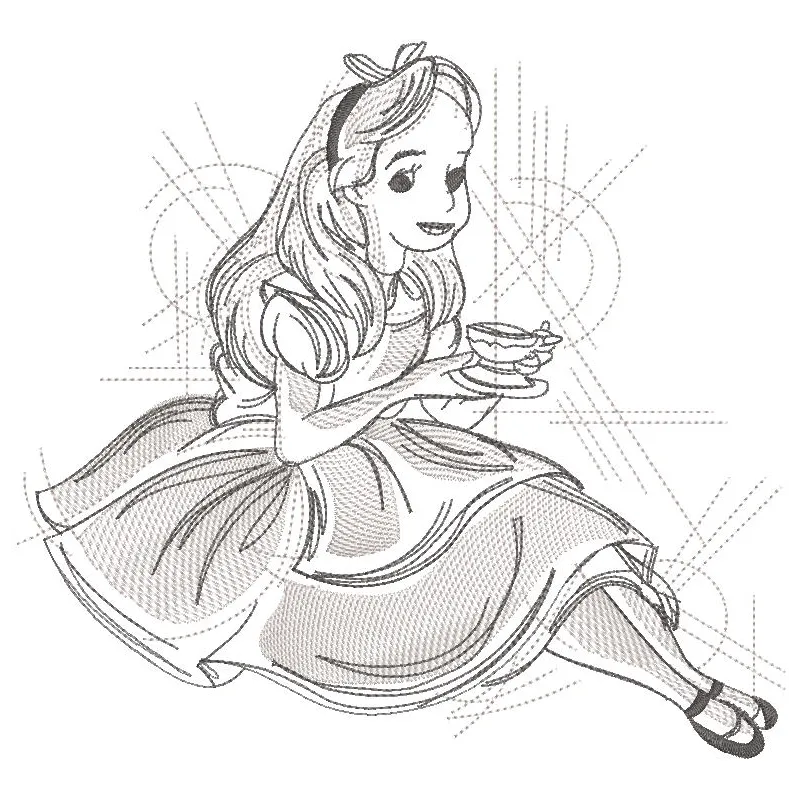 Alice with tea cup art sketch embroidery design preview for machine embroidery projects.