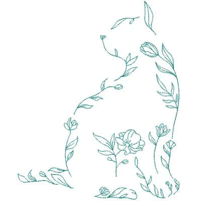 Flowers sketch cat embroidery design preview showcasing intricate details and vibrant colors.