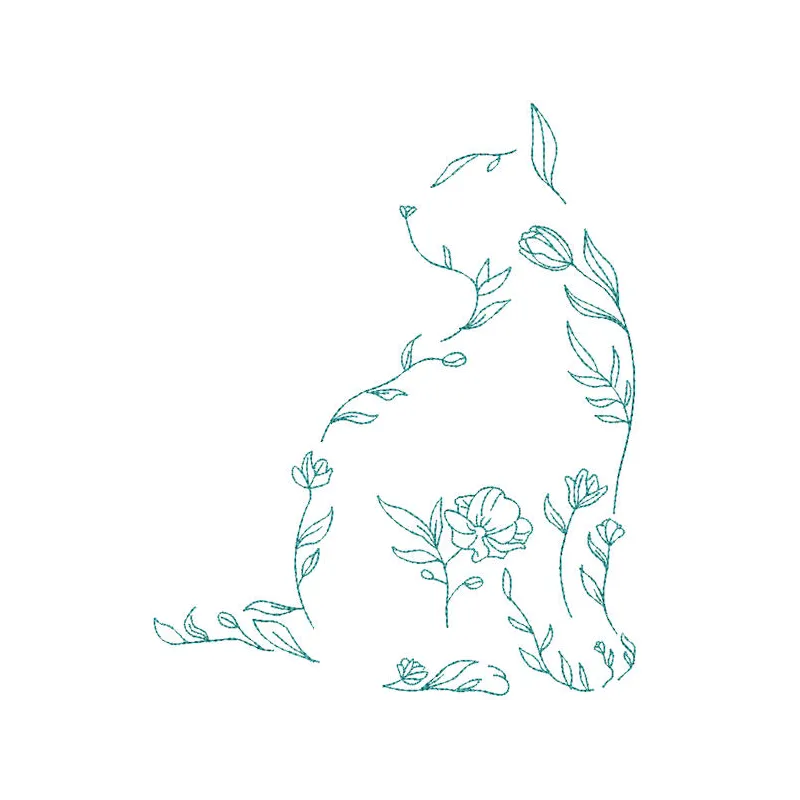 Flowers sketch cat embroidery design preview showcasing intricate details and vibrant colors.