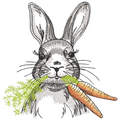 Easter Bunny with carrot embroidery design preview showcasing detailed stitching and vibrant colors.
