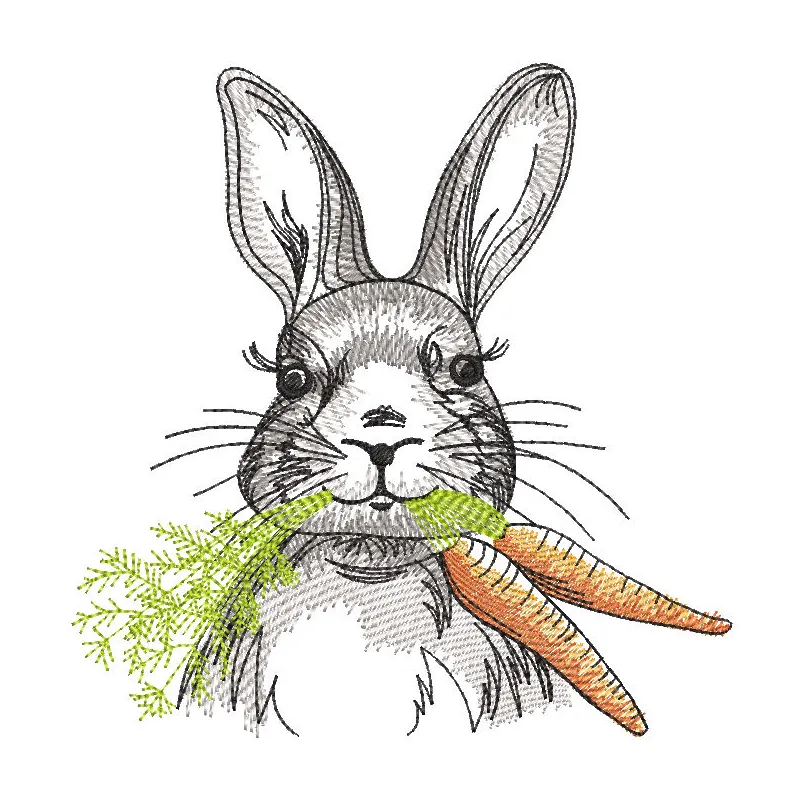 Easter Bunny with carrot embroidery design preview showcasing detailed stitching and vibrant colors.