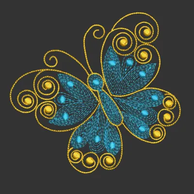 Patterned butterfly embroidery design preview showcasing intricate details and vibrant colors.