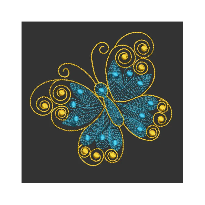 Patterned butterfly embroidery design preview showcasing intricate details and vibrant colors.