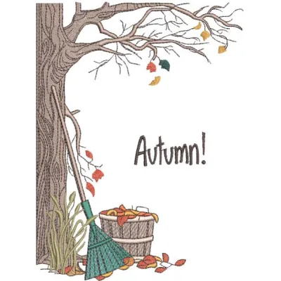 Autumn cleaning in the yard embroidery design preview showcasing detailed stitching and vibrant colors.