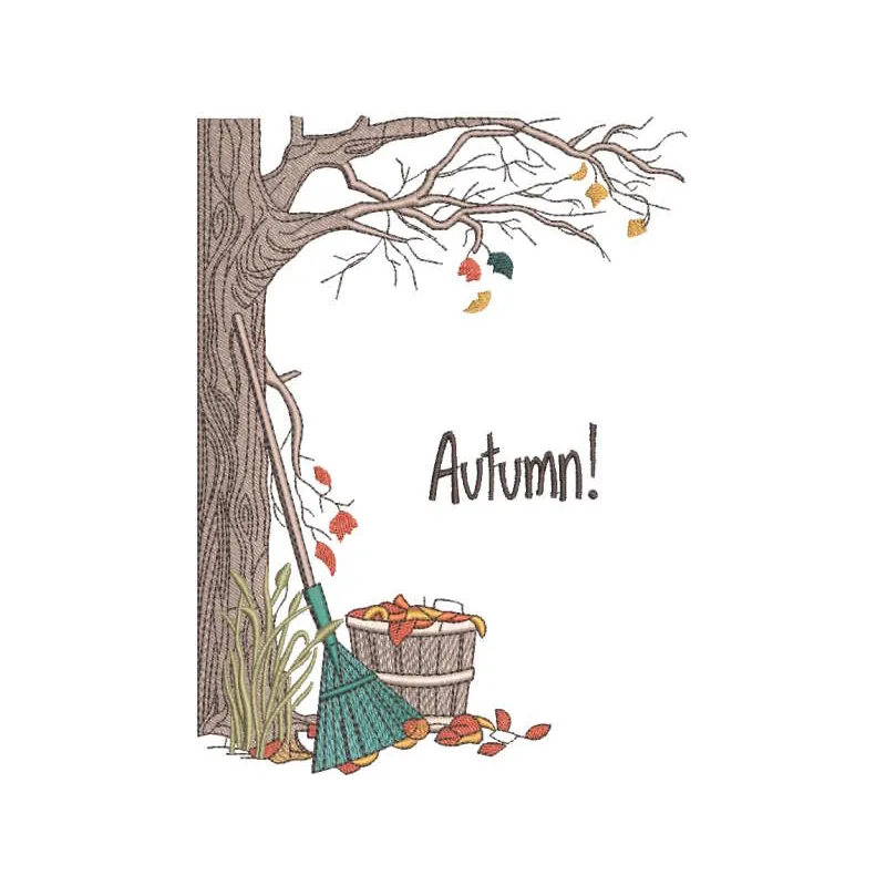 Autumn cleaning in the yard embroidery design preview showcasing detailed stitching and vibrant colors.