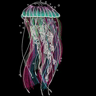Rainbow jellyfish embroidery design preview showcasing vibrant colors and detailed stitching for nautical projects.