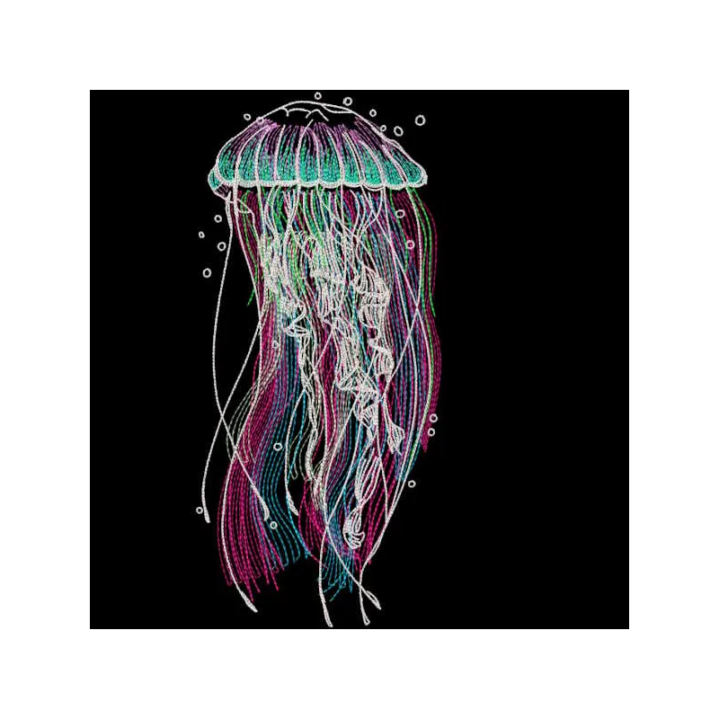 Rainbow jellyfish embroidery design preview showcasing vibrant colors and detailed stitching for nautical projects.